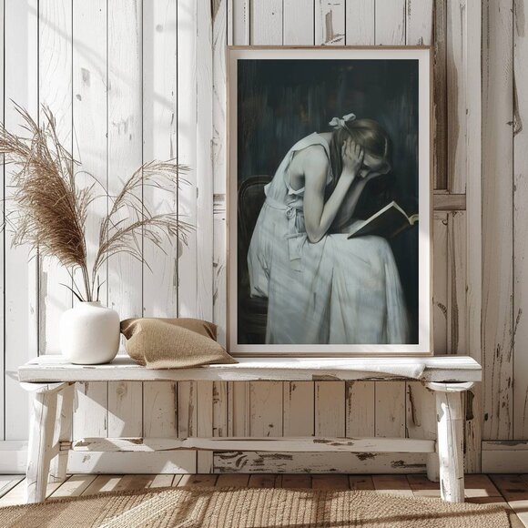 Original Dark Literary Art Print + Digital Copy, Woman Reading - Picture 7 of 10